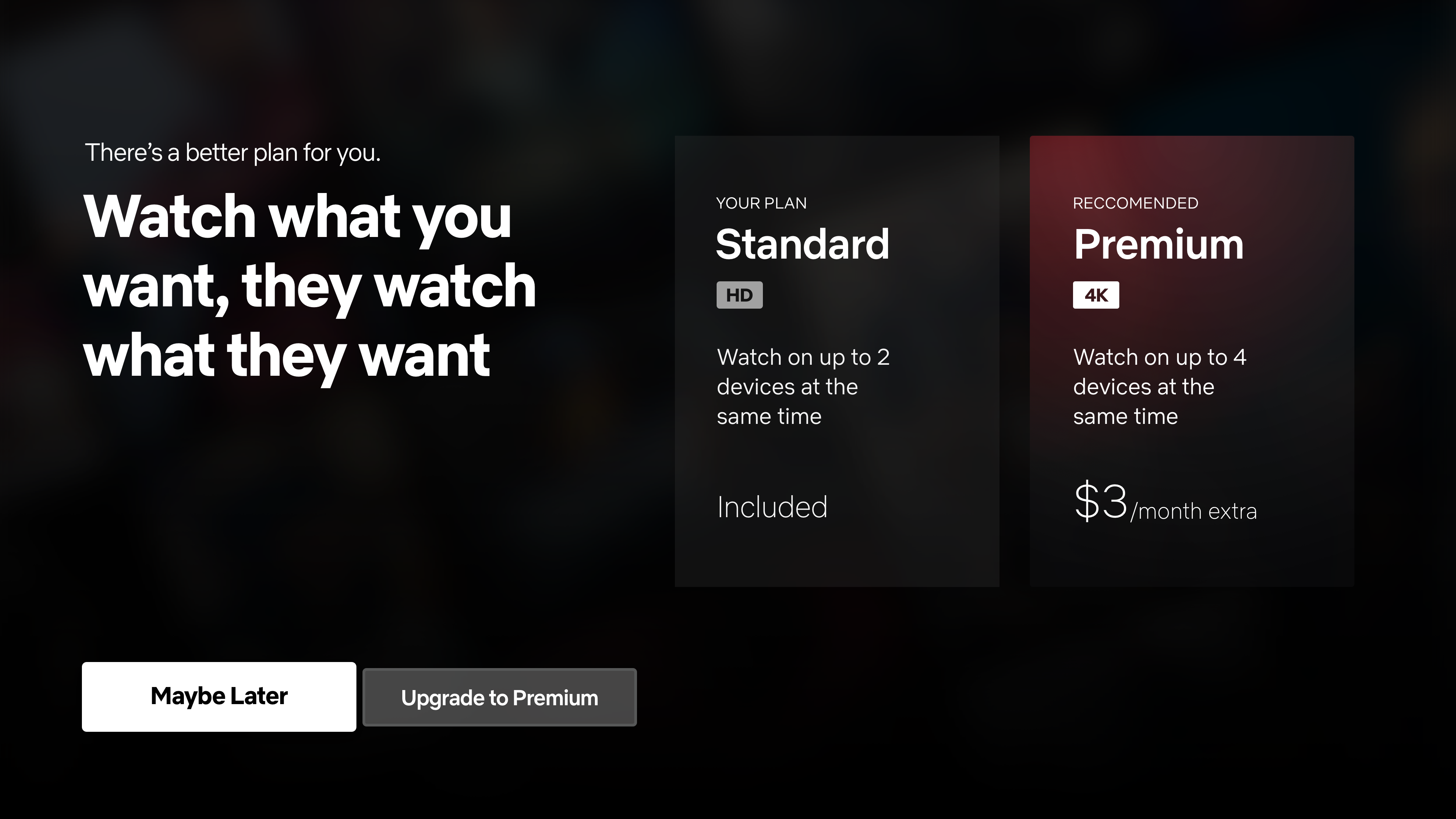 Drop-in upsell screen showing 'There's a better plan for you' with Standard and Premium options