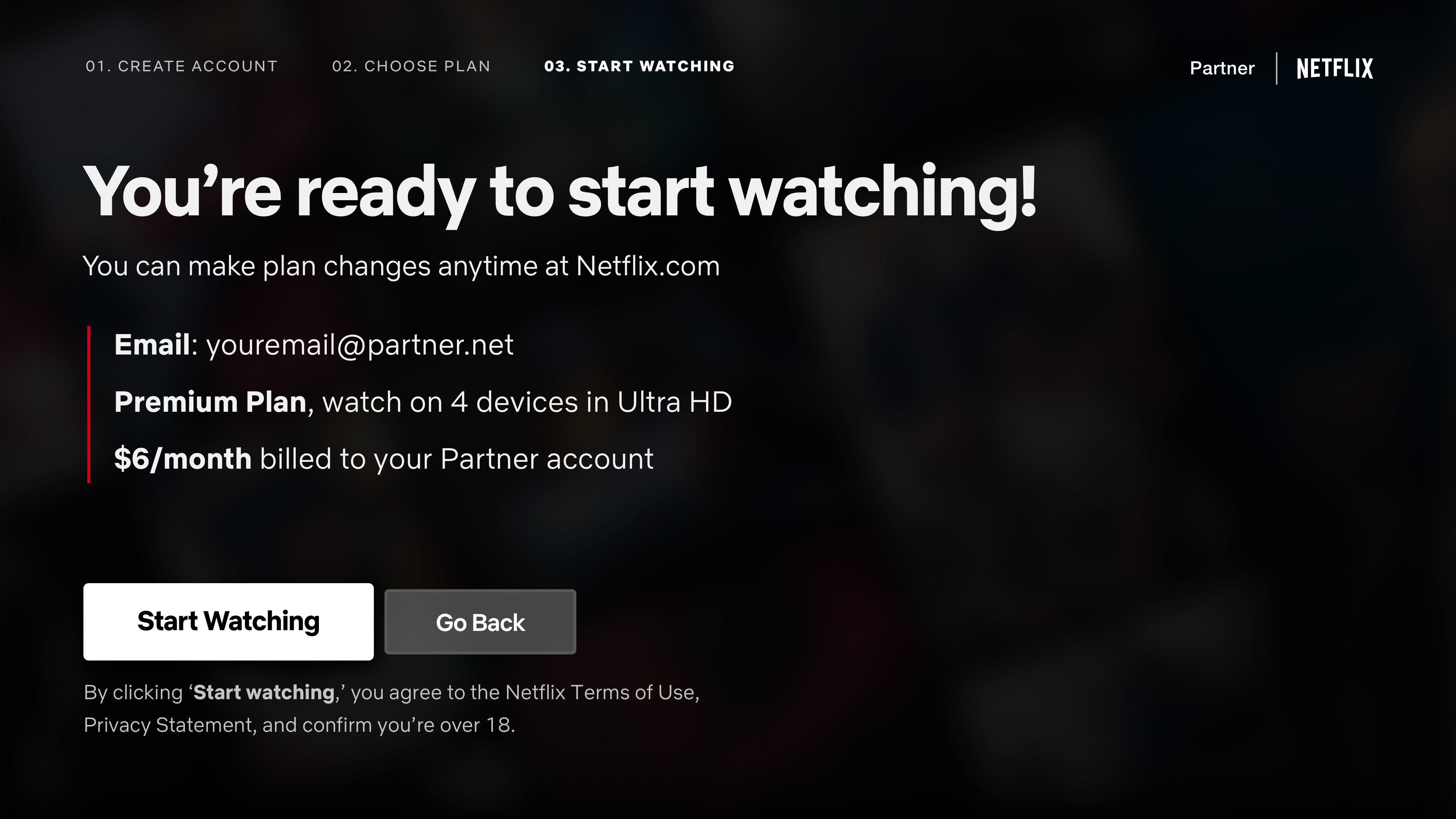 Confirmation screen: You're ready to start watching