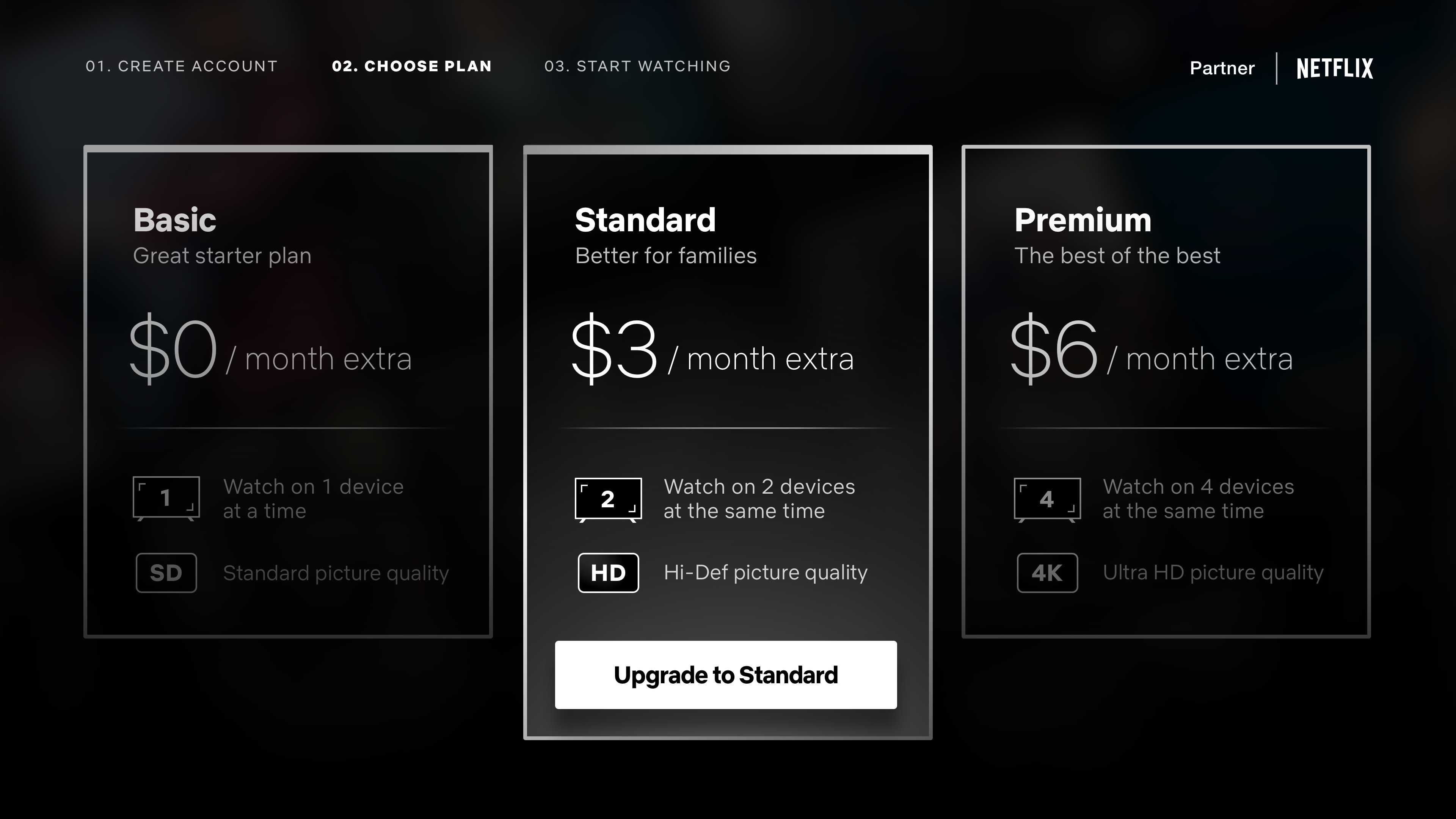 Plan selection with Standard highlighted at $3/month extra