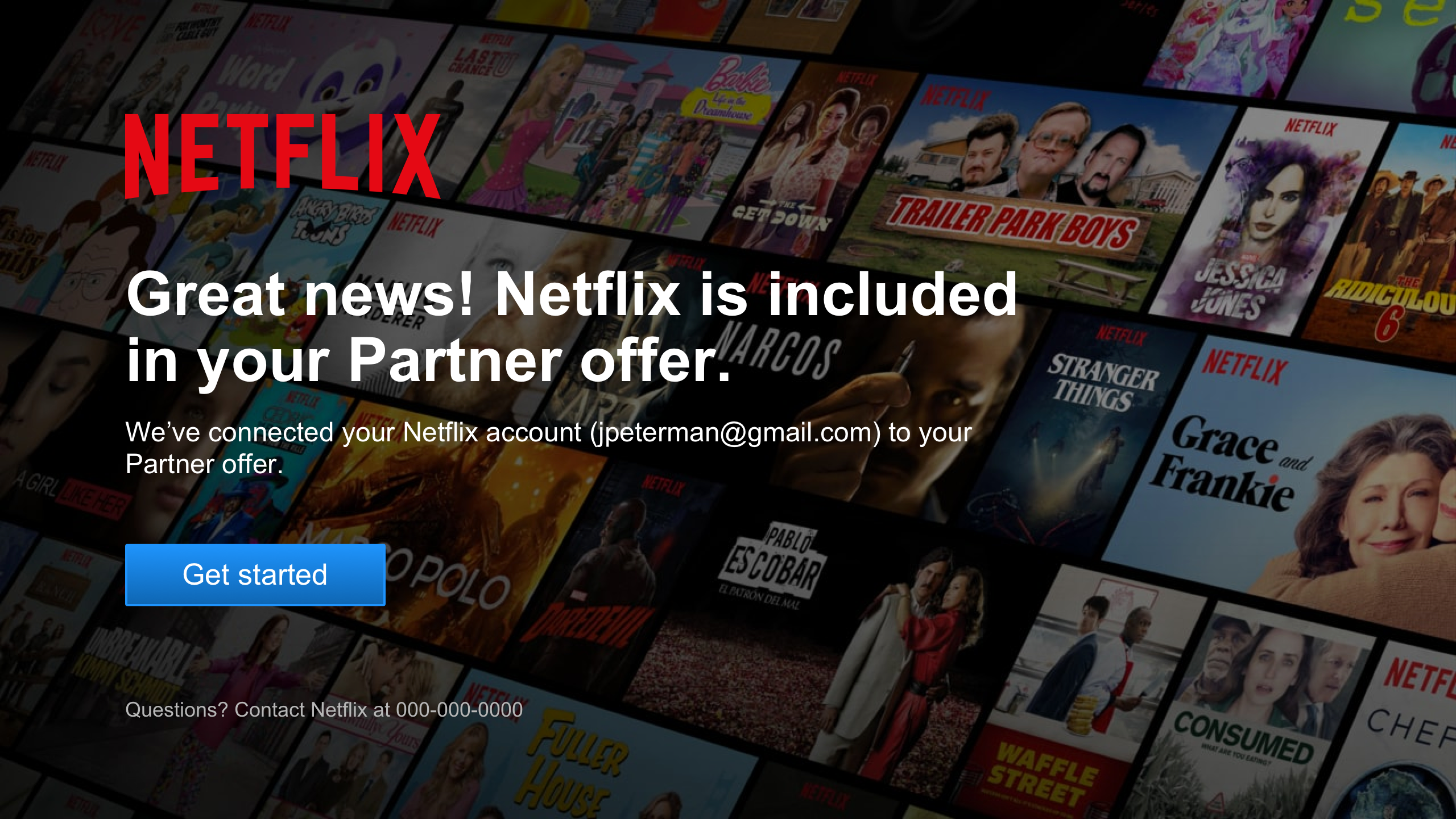 Netflix bundle landing page showing 'Great news! Netflix is included in your Partner offer.'