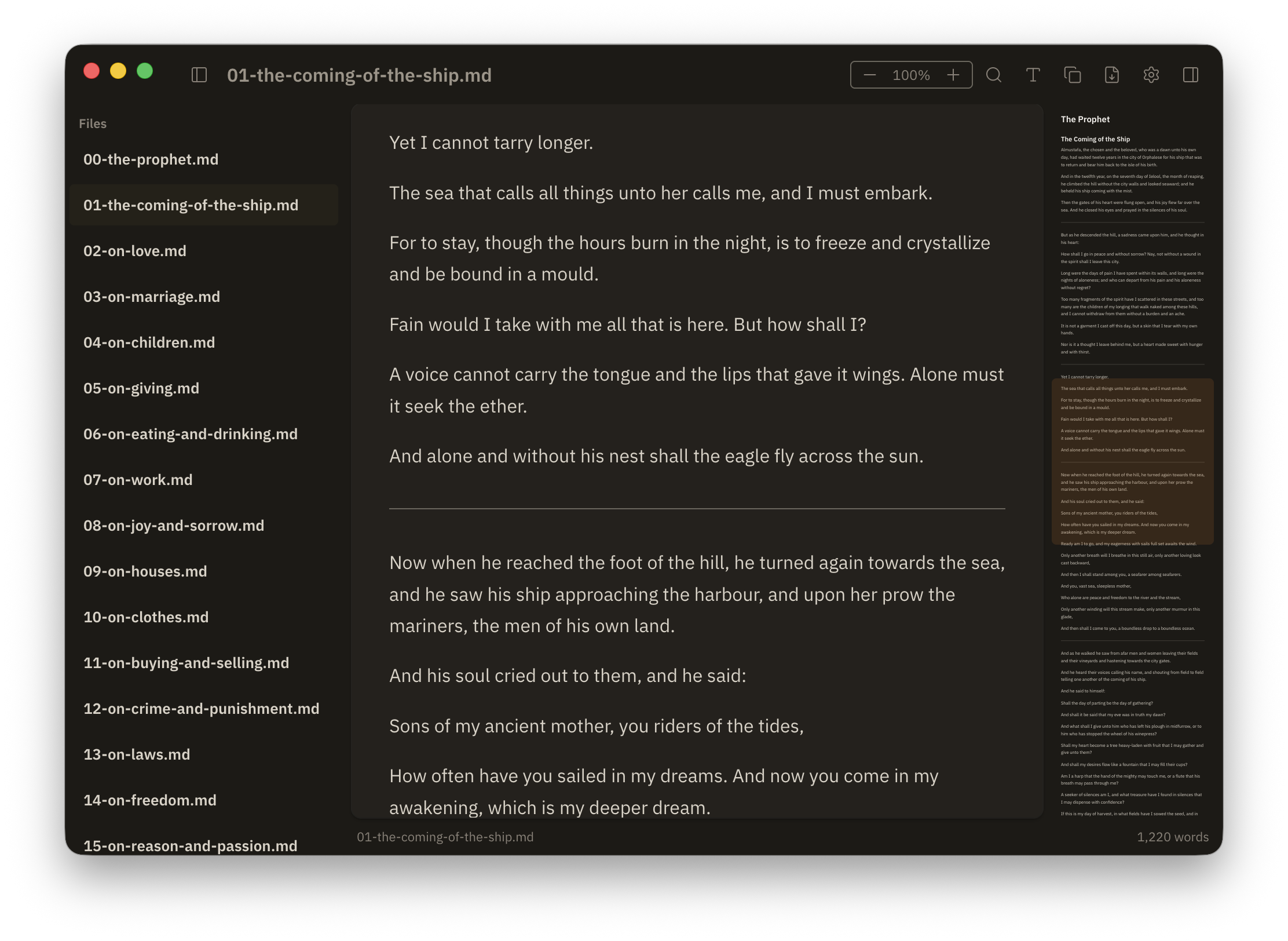 Emdy in dark mode, showing a rendered Markdown document with the file sidebar on the left and the document minimap on the right