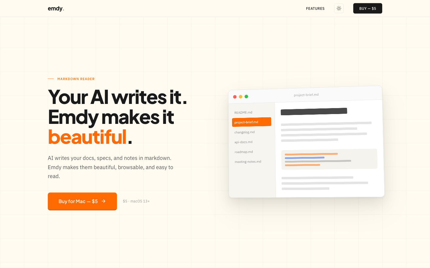 Playful Precision direction: a bold sans-serif headline reading 'Your AI writes it. Emdy makes it beautiful.' with a detailed product preview