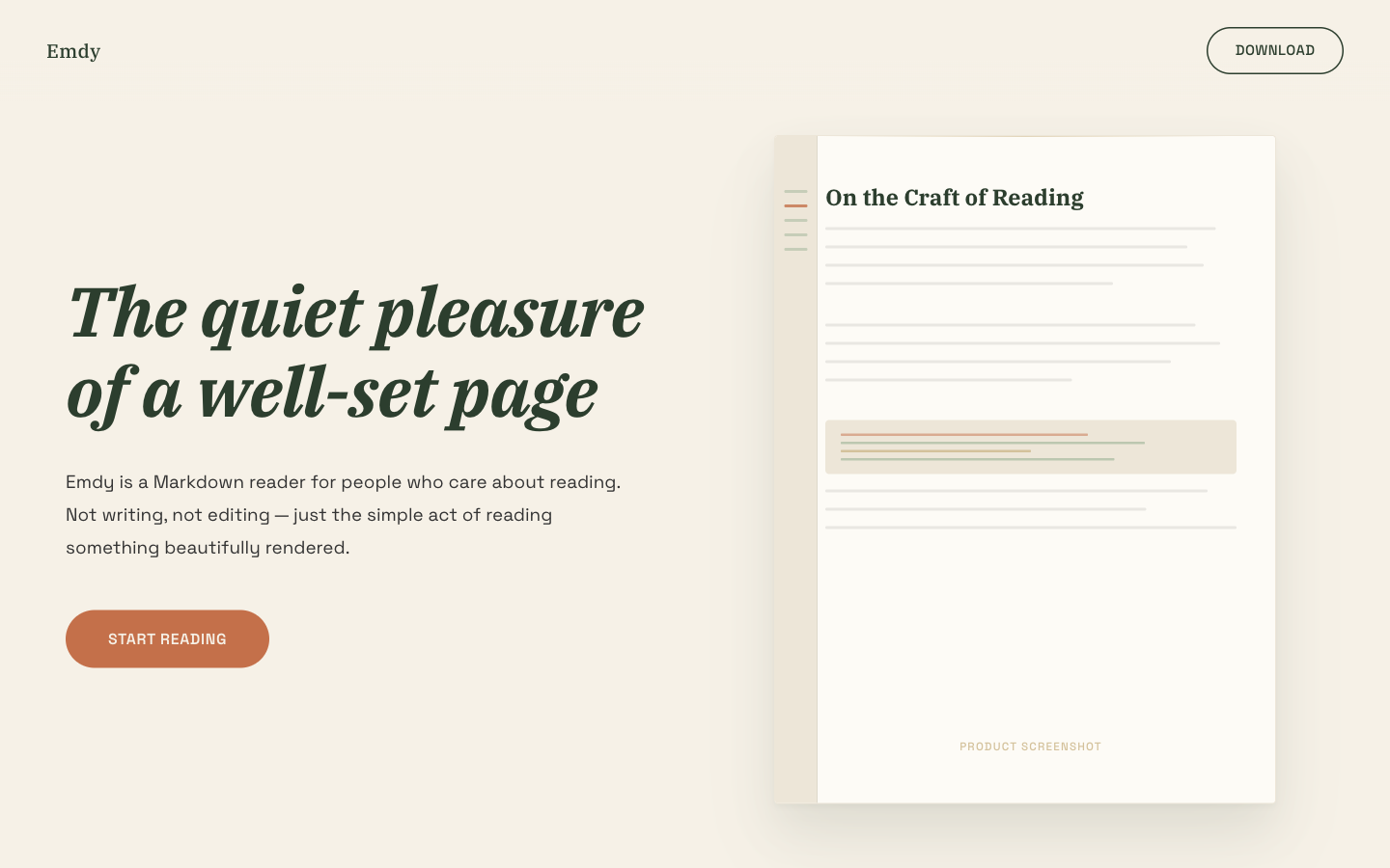 Quiet Library direction: a serif italic headline reading 'The quiet pleasure of a well-set page' with a book-like product preview