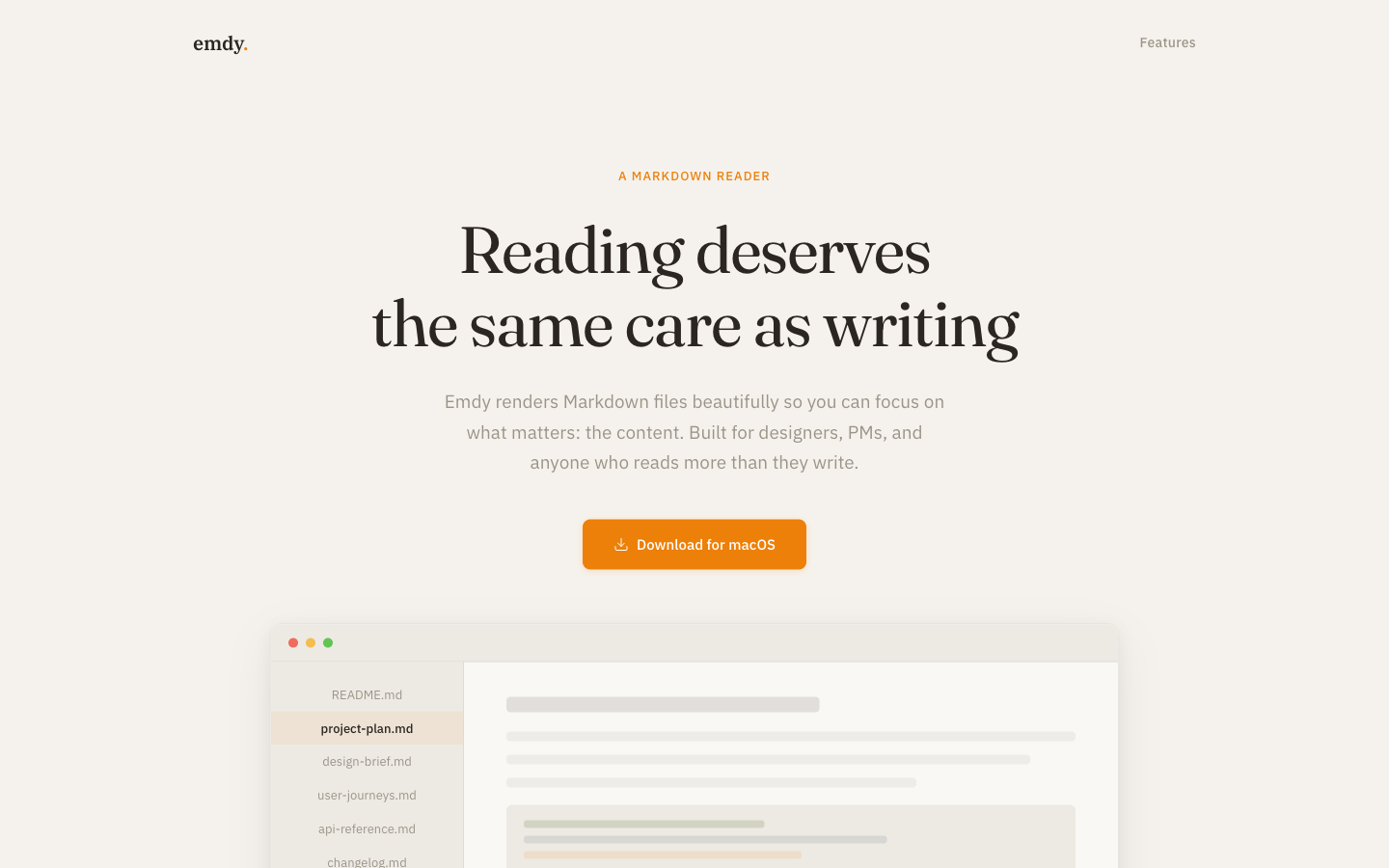 Warm Machine direction: a centered serif headline reading 'Reading deserves the same care as writing' with an orange download button