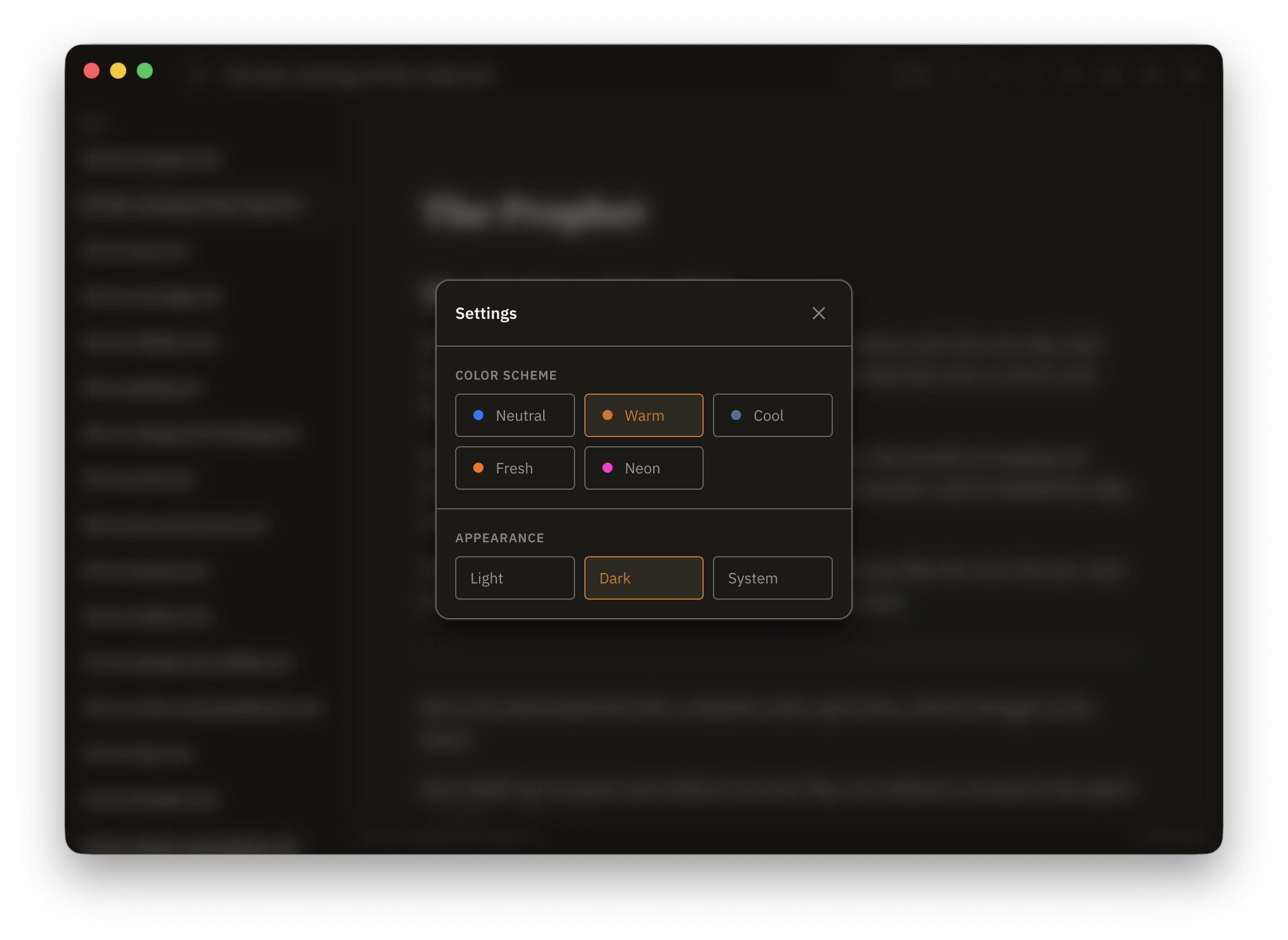 Emdy settings panel in dark mode, showing color scheme options (Neutral, Warm, Cool, Fresh, Neon) and appearance options (Light, Dark, System)