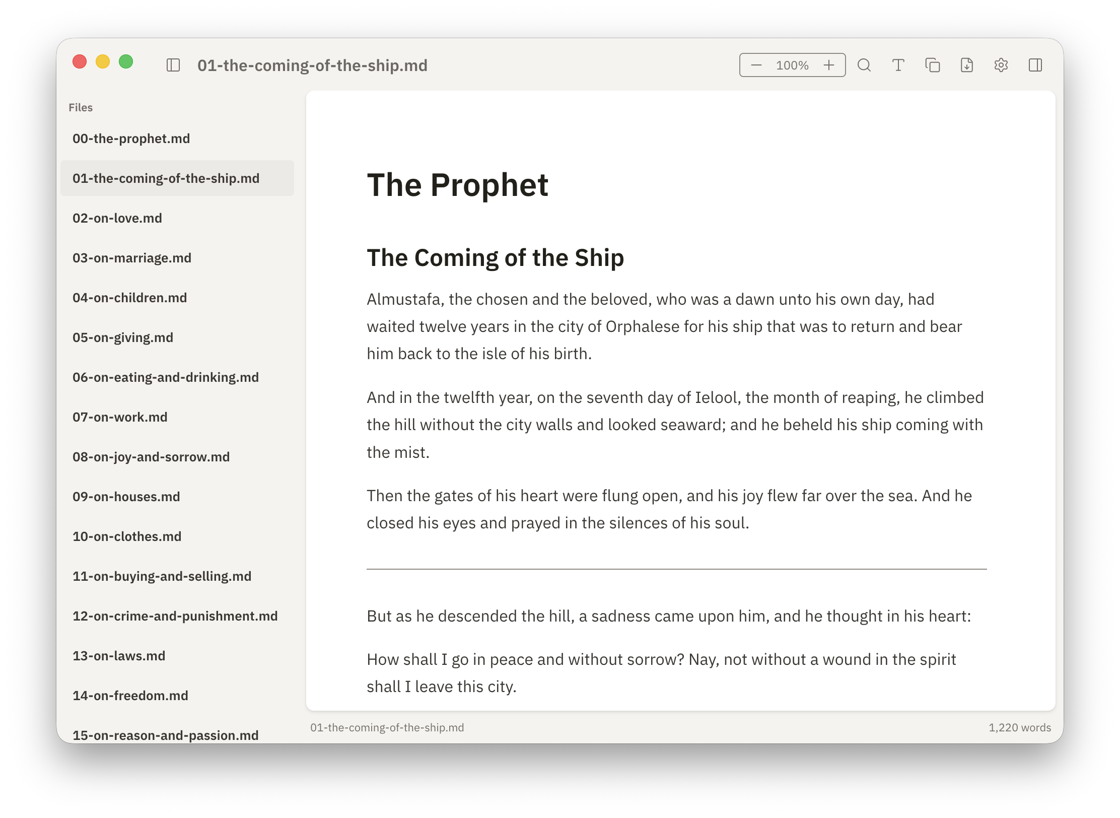 Emdy in light mode, showing a rendered Markdown document with a sidebar of .md files