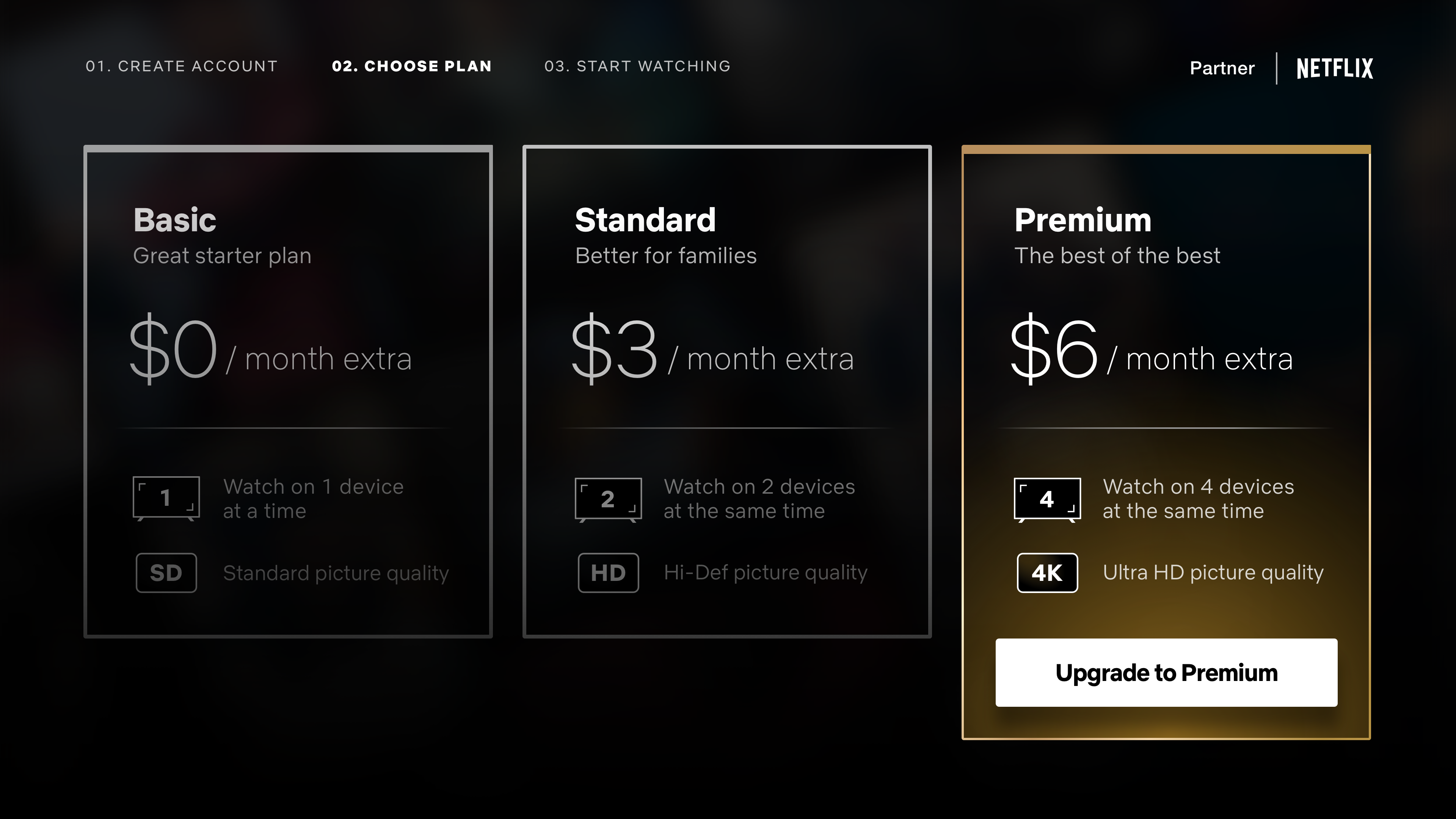Plan selection with Premium highlighted at $6/month extra